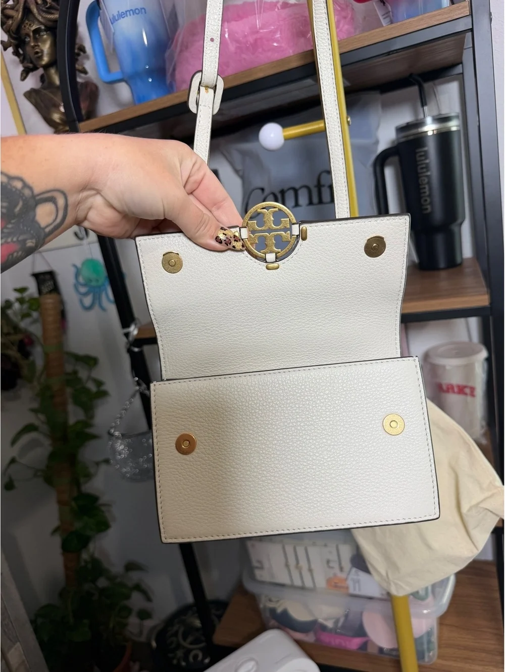 Tory Burch Miller Mini Shoulder Bag White Pebbled Leather Gold Logo NWOT